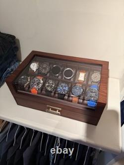 Watch Display Case Luxury 12 Slot Walnut Wood & Leather Organizer Storage Box