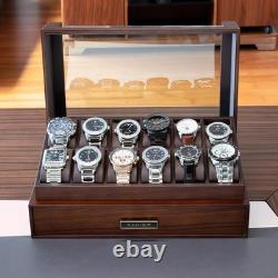 Watch Display Case Luxury 12 Slot Walnut Wood & Leather Organizer Storage Box