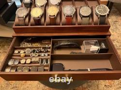 Watch Display Case Luxury 12 Slot Walnut Wood & Leather Organizer Storage Box