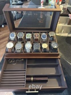 Watch Display Case Luxury 12 Slot Walnut Wood & Leather Organizer Storage Box