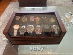 Watch Display Case Luxury 12 Slot Walnut Wood & Leather Organizer Storage Box