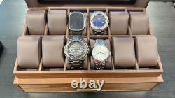 Watch Display Case Luxury 12 Slot Walnut Wood & Leather Organizer Storage Box