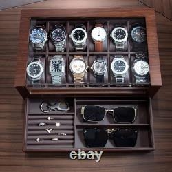 Watch Display Case Luxury 12 Slot Walnut Wood & Leather Organizer Storage Box