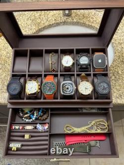 Watch Display Case Luxury 12 Slot Walnut Wood & Leather Organizer Storage Box