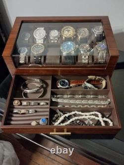 Watch Display Case Luxury 12 Slot Walnut Wood & Leather Organizer Storage Box