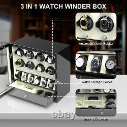 White Automatic Rotation 8 Watch Winder Case With 6 Watches Display Storage Box