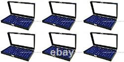 Wholesale Lot of 6 Glass Top Lid 72 Ring Blue Jewelry Display Box Storage Cases