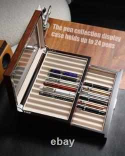 Wood pen display case 24 slot Fountain pen Box storage Organizer with drawer, To