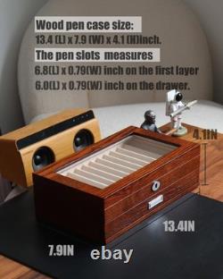 Wood pen display case 24 slot Fountain pen Box storage Organizer with drawer, To